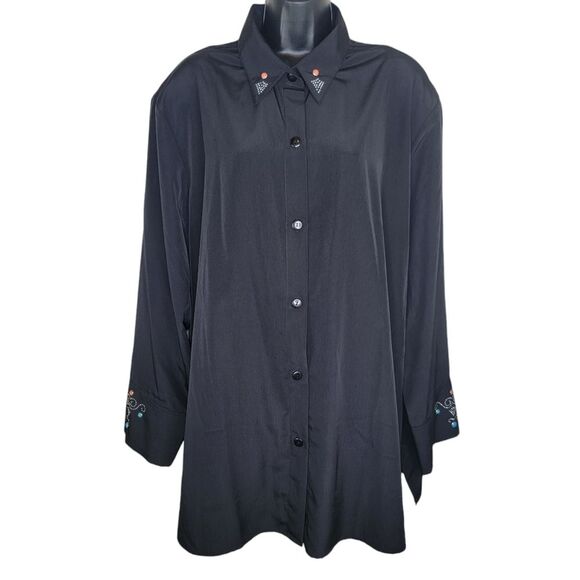 Maggie Sweet Black Peachskin Southwest Embellished Blouse Top 2x Tall - Picture 1 of 8